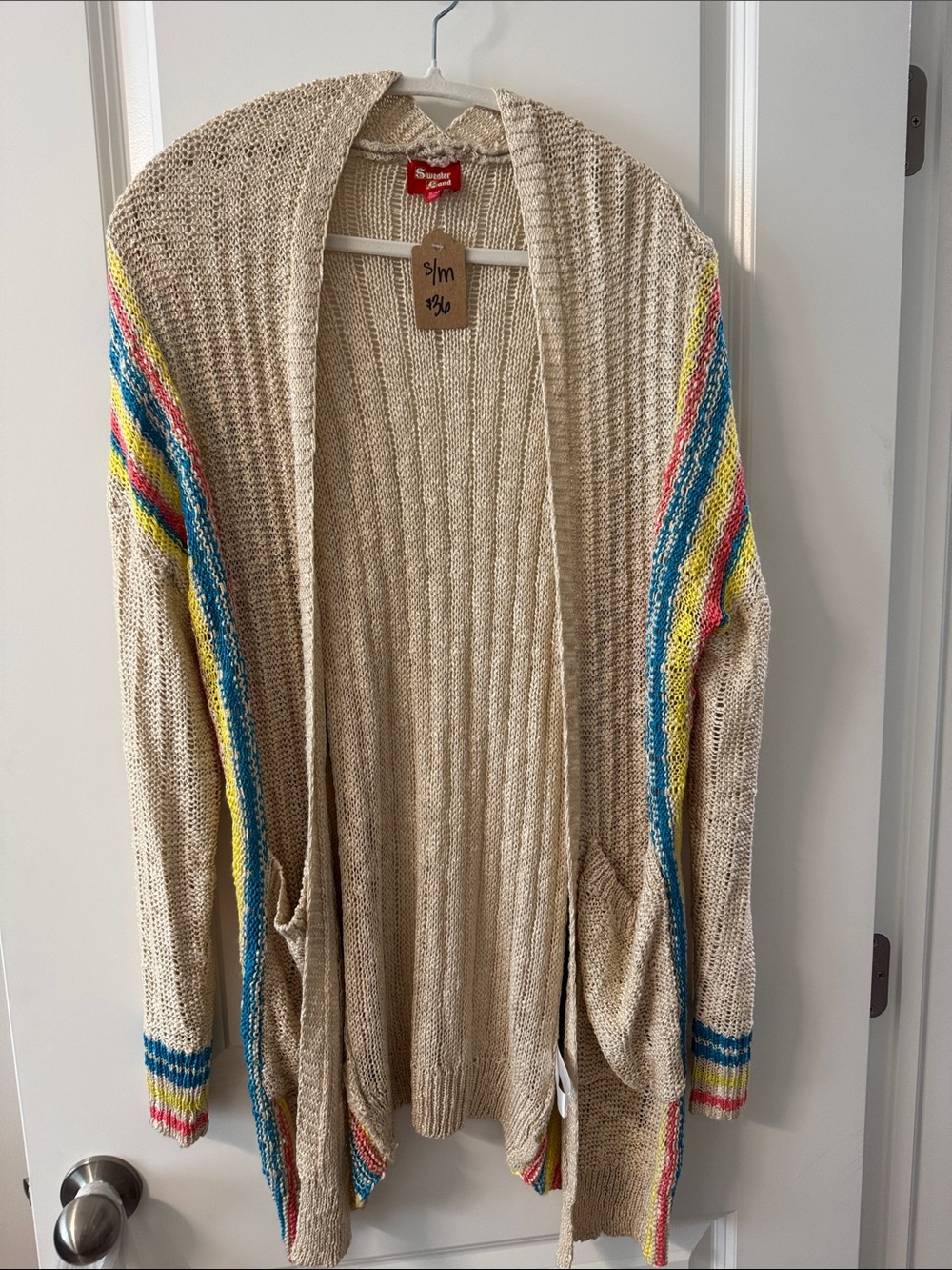 Sundance Open-Front Cream Cardigan with Pink, Yellow & Blue Stripe Detail